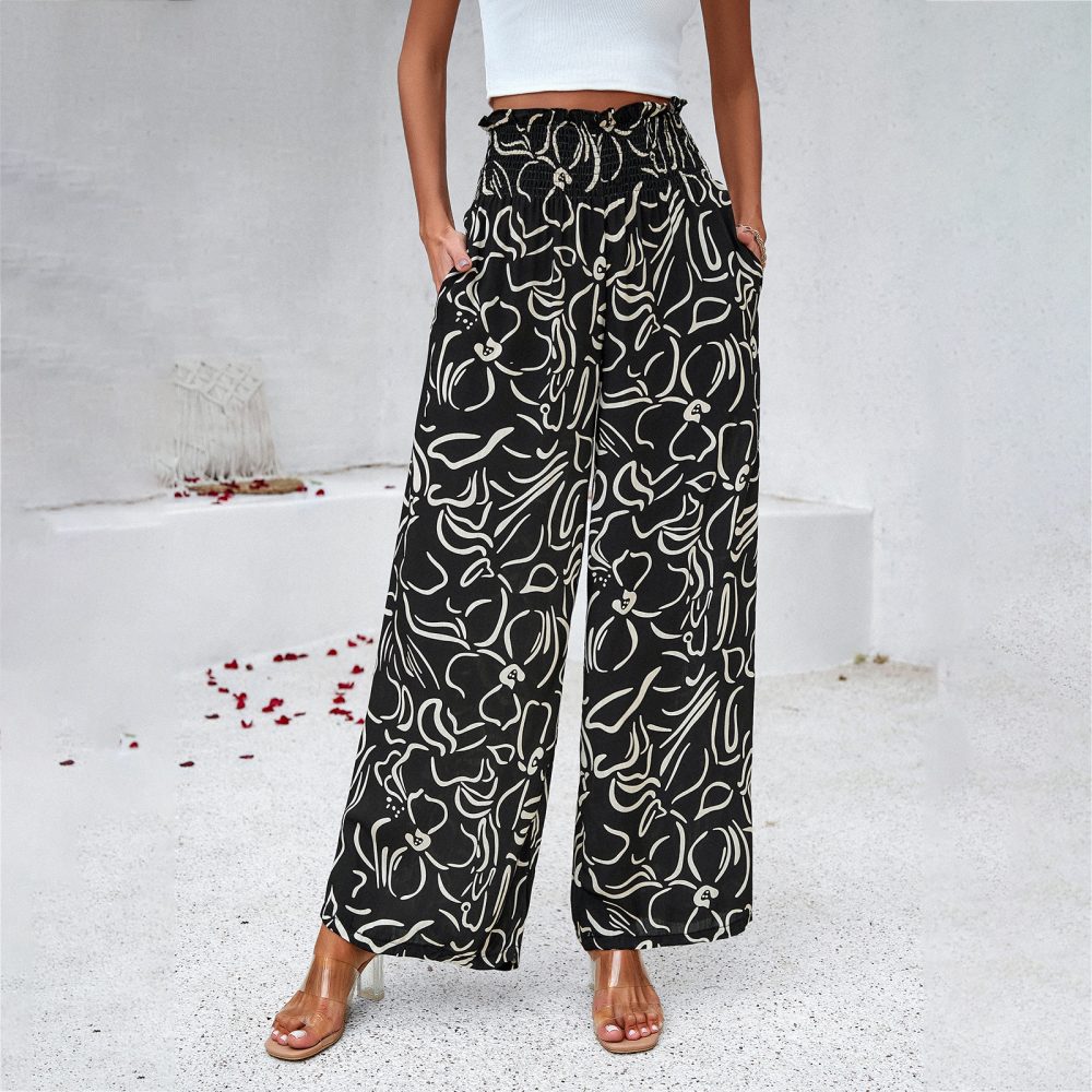 Elegant Printed Trousers Summer Loose Elastic High Waist Straight Pants For Beach Vacation Womens Clothing - Image 2