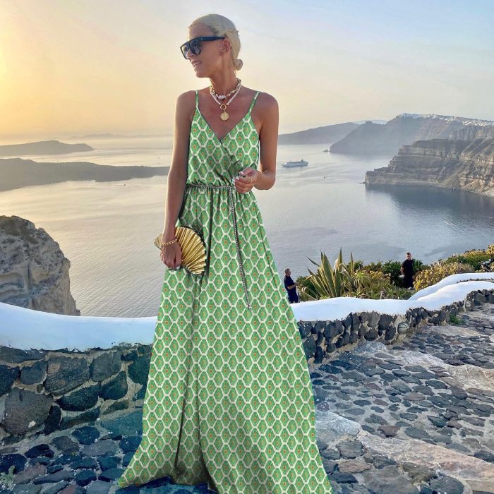 Women's Fashion Belt Printed Large Swing Dress