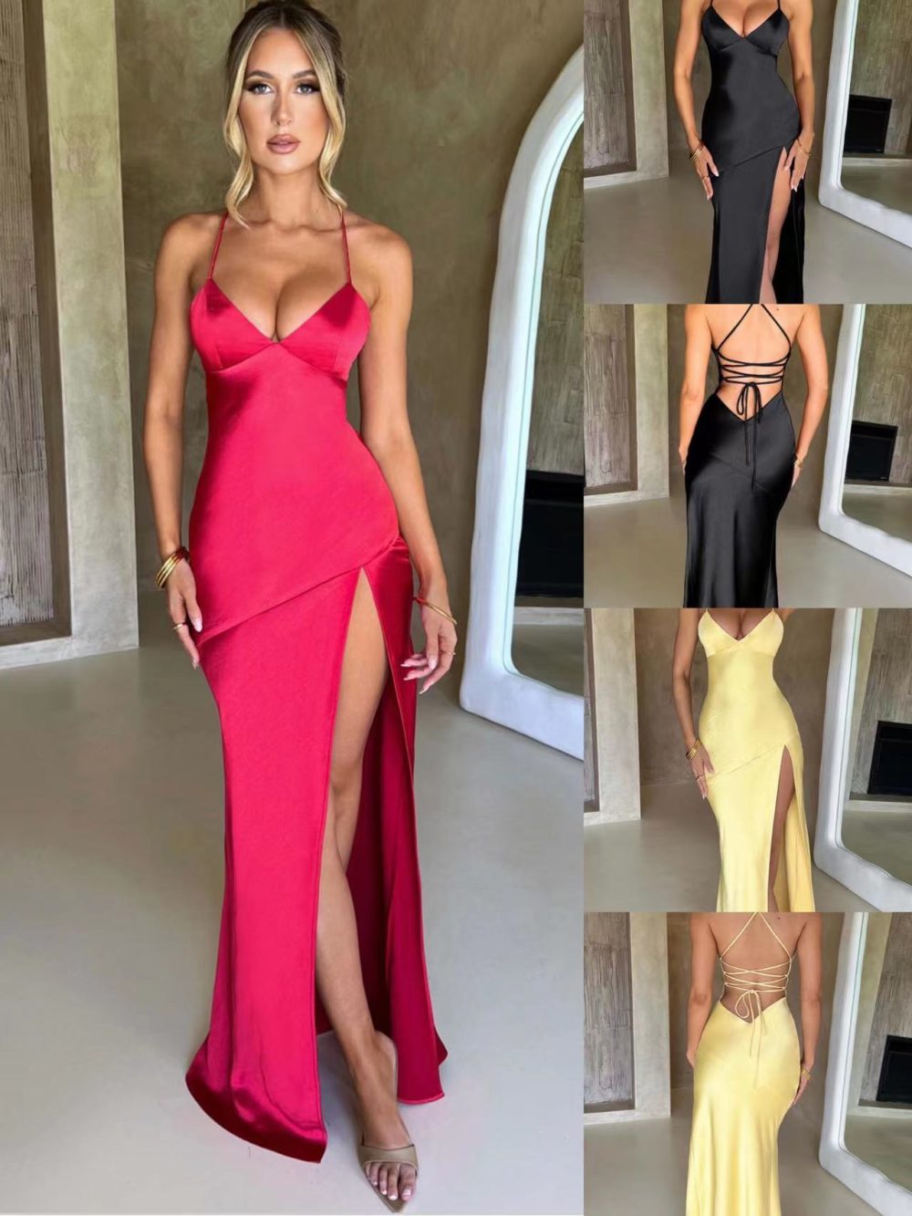 Women's V-neck Brace Satin Split Backless Long Dress - Image 8