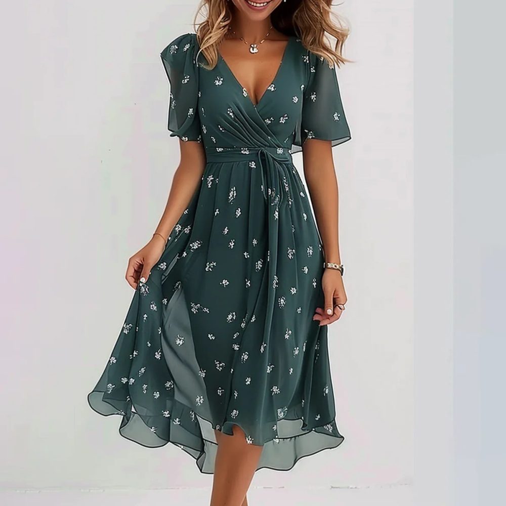 Chiffon Printed Short Sleeve Dress Summer Elegant V-neck Dresses Womens Clothing - Image 6