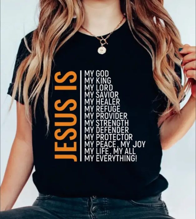 Jesus Is My God Graphic Print Solid T-Shirt, Crew Neck Short Sleeve Casual Top For Summer & Spring, Women's Clothing