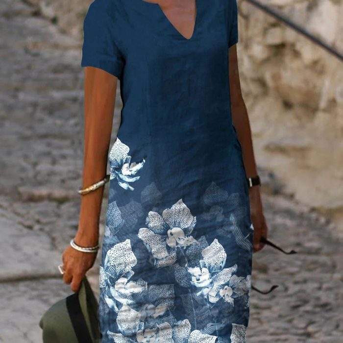 Women's Floral Printed Cotton And Linen Short-Sleeved V-Neck Mid-Length Dress