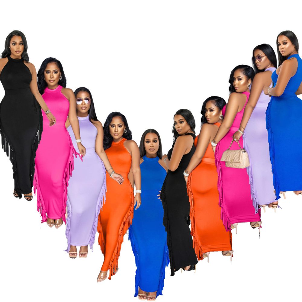 Halter Solid Color Tassel Dress Two-piece Set - Image 2