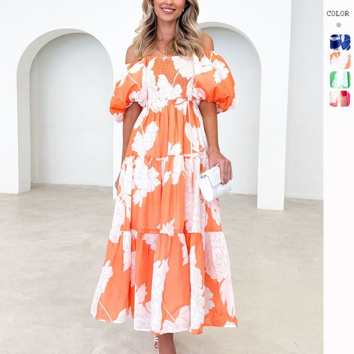 Elegant Floral-print Off-shoulder Puff Sleeve Fashion European And American Style Dress