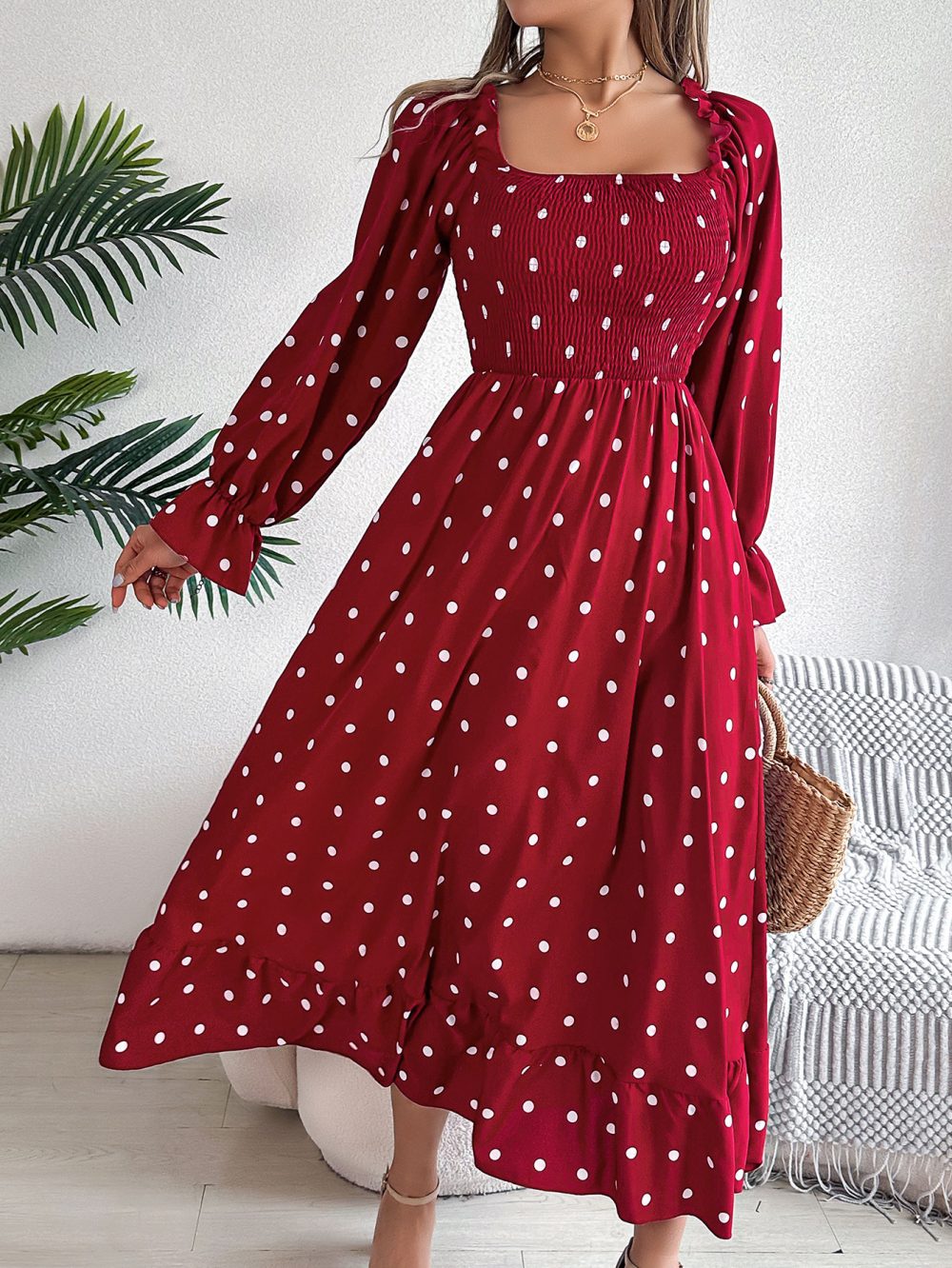 Casual Square Collar Polka Dot Swing Dress With Wooden Ears - Image 6