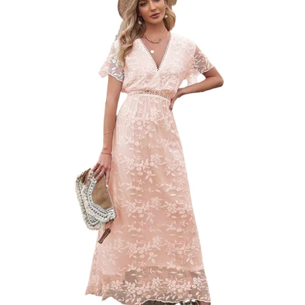 Women's Solid Color Lace Crocheted Hollow Dress - Image 5