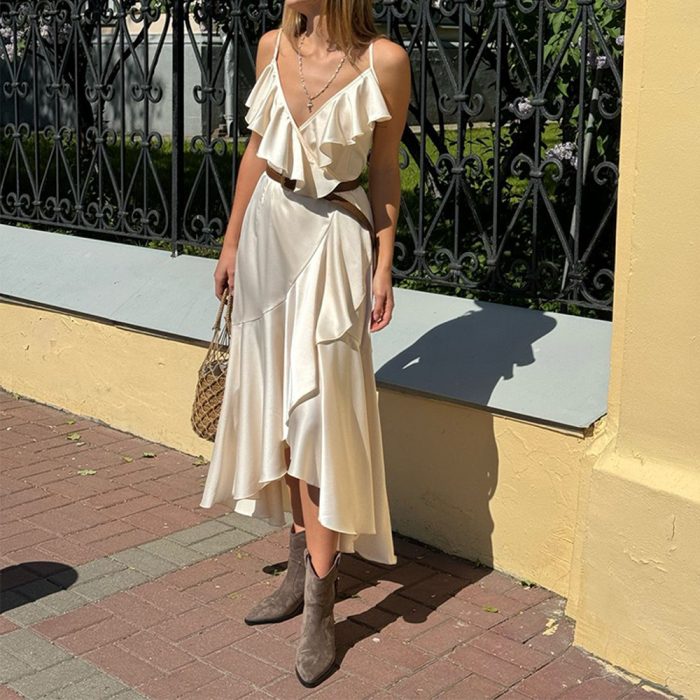 Women's Solid Color Sling Flounce Trim Lace Up Dress
