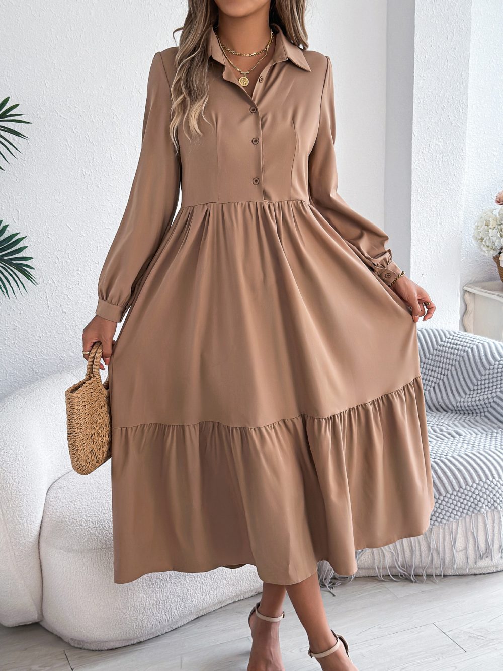Women's Lapel Casual Loose Long Sleeve Ruffled Shirt Dresses Long Sleeved Turn-down Collar Single-Breasted Dress Spring Autumn Fashion Women's Clothing For Vacation - Image 7