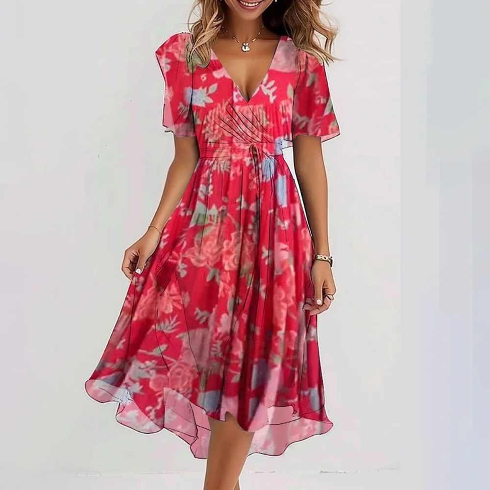 Chiffon Printed Short Sleeve Dress Summer Elegant V-neck Dresses Womens Clothing - Image 3