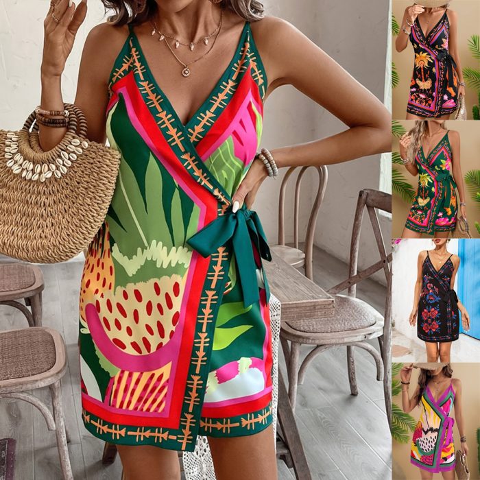 Women Spaghetti Strap Summer Dress V Neck Wrap Waist Tie Casual Beach Sundress Holiday Vacation Mini Dress