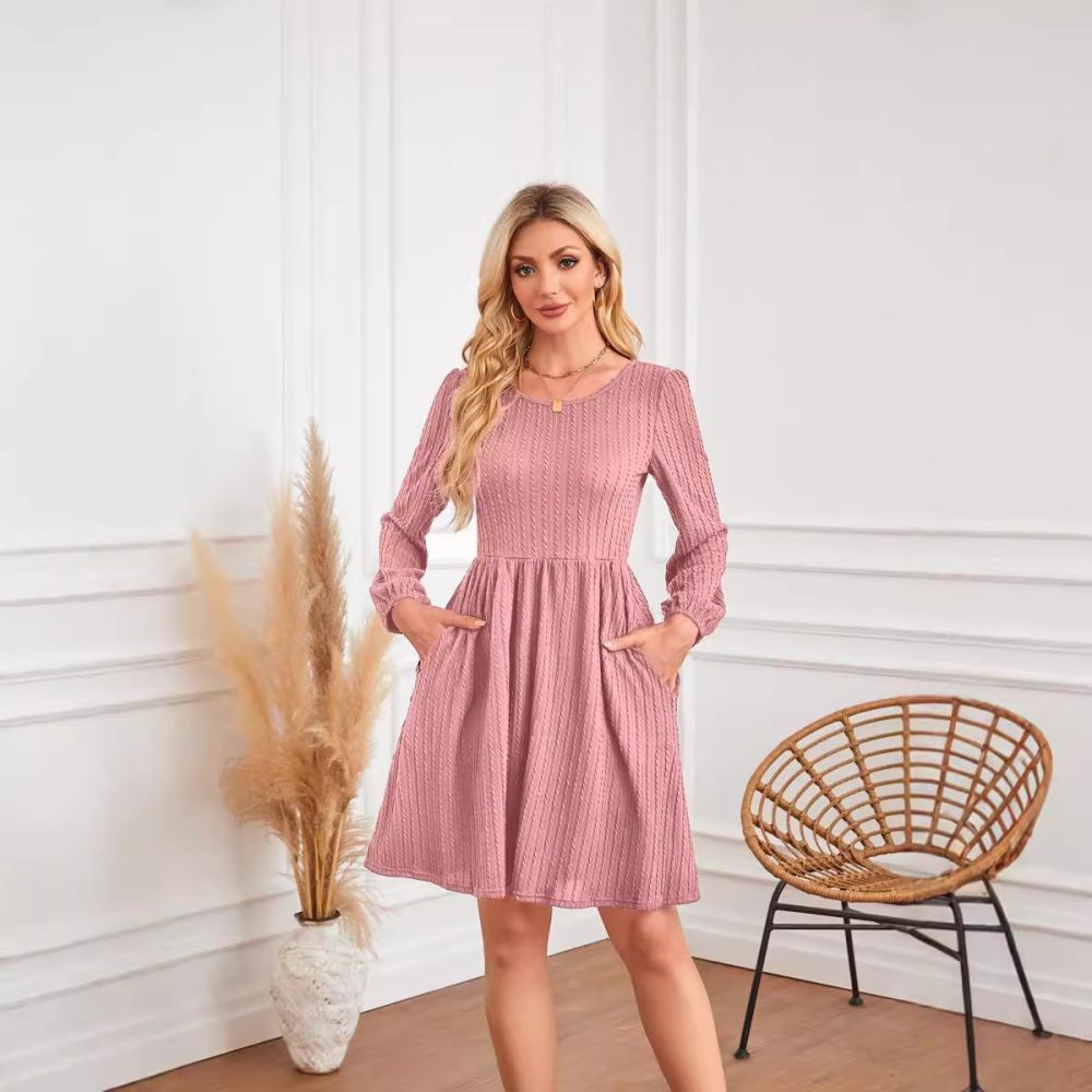Round Neck Pocket Knitted Sweater Long Sleeve A- Line Dress - Image 4