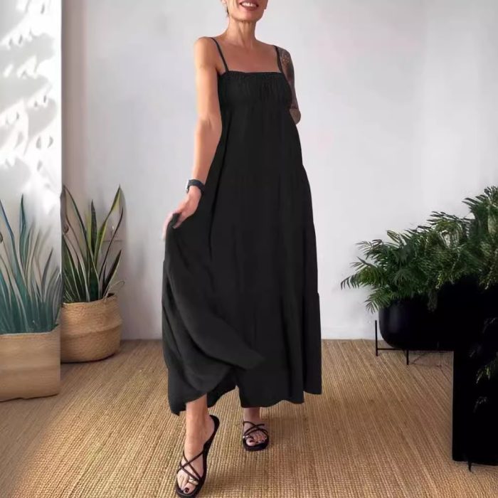 Women's Solid Color Casual Chest Wrap Pleated Suspender Dress