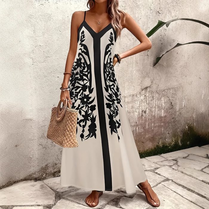 Spaghetti Straps Sleeveless Casual New Women's Printed Long Dress