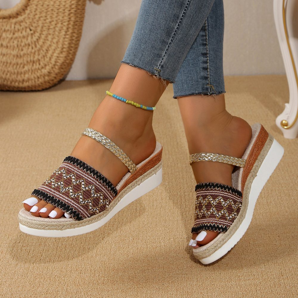 New Color-blocked Wave-patterned Sandals Summer Fashion Wedges Slippers Outdoor Ethnic Style One-line Thick-soled Shoes For Women - Image 3