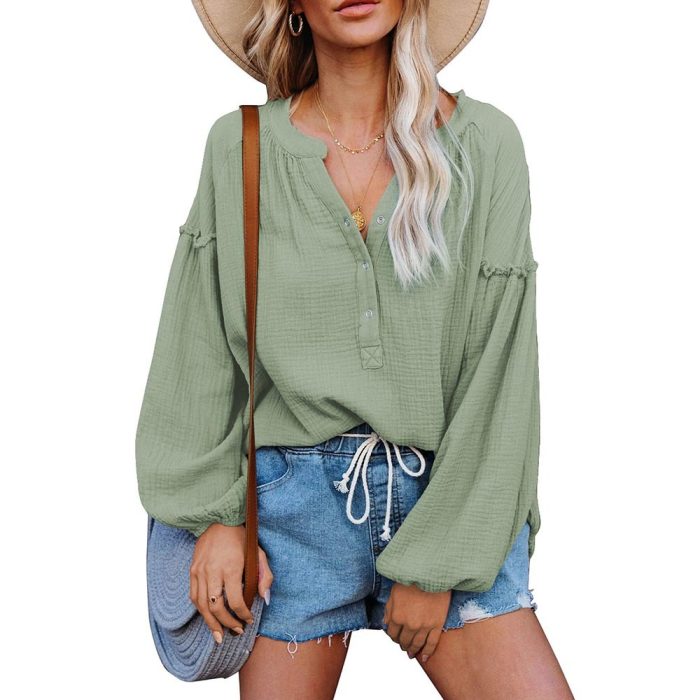 Solid Color Stitching Lantern Sleeves Buttoned V-neck Casual Shirt Women