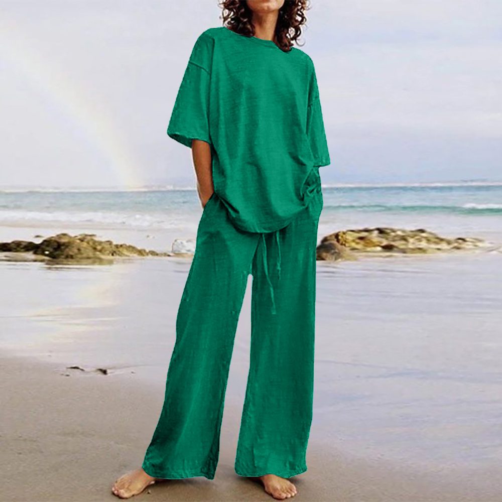 Cotton And Linen Home Solid Color Two-piece Suit - Image 7