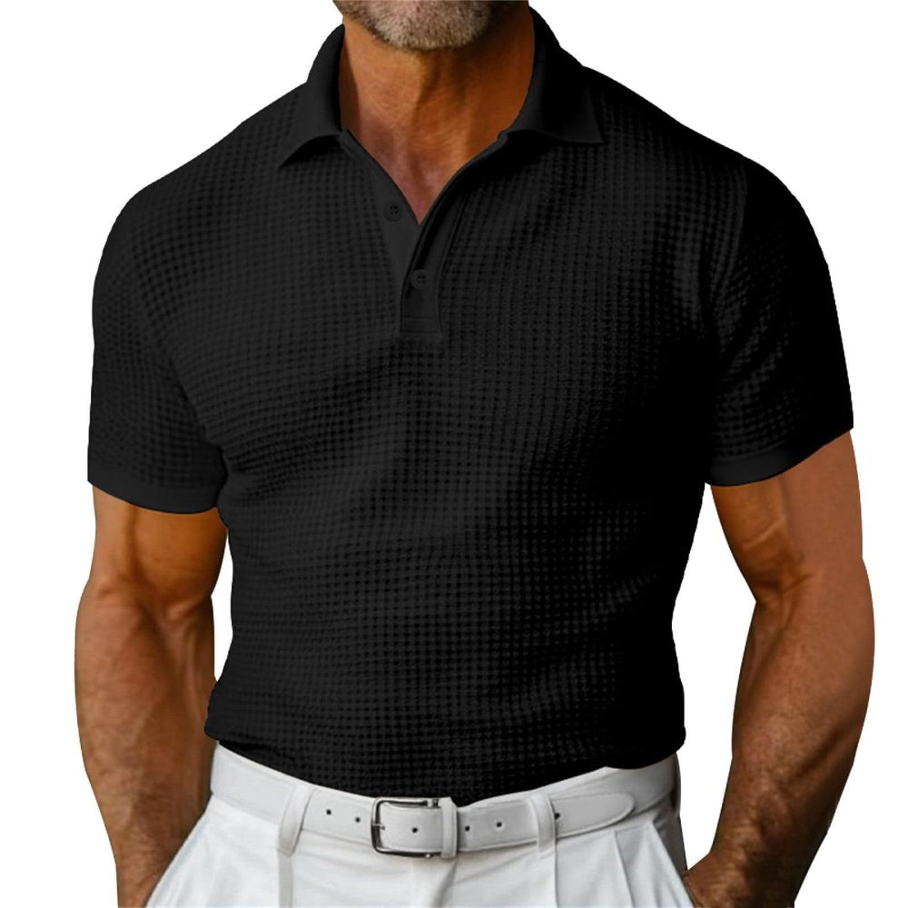 Waffle Short Sleeve Polo Shirt Men's Fashion Summer Lapel Tops - Image 5