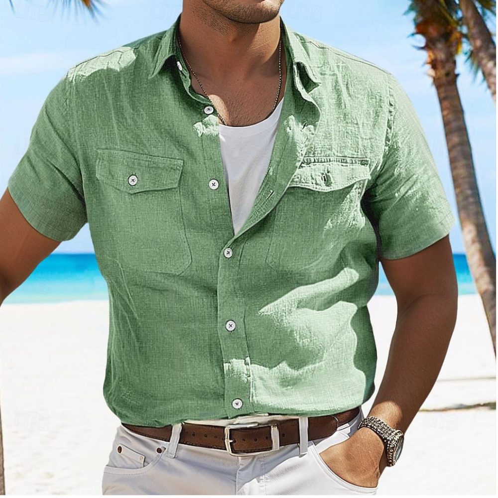 Men's Linen Summer Shirt Beach Solid Color Polo Collar Spring And Summer - Image 4