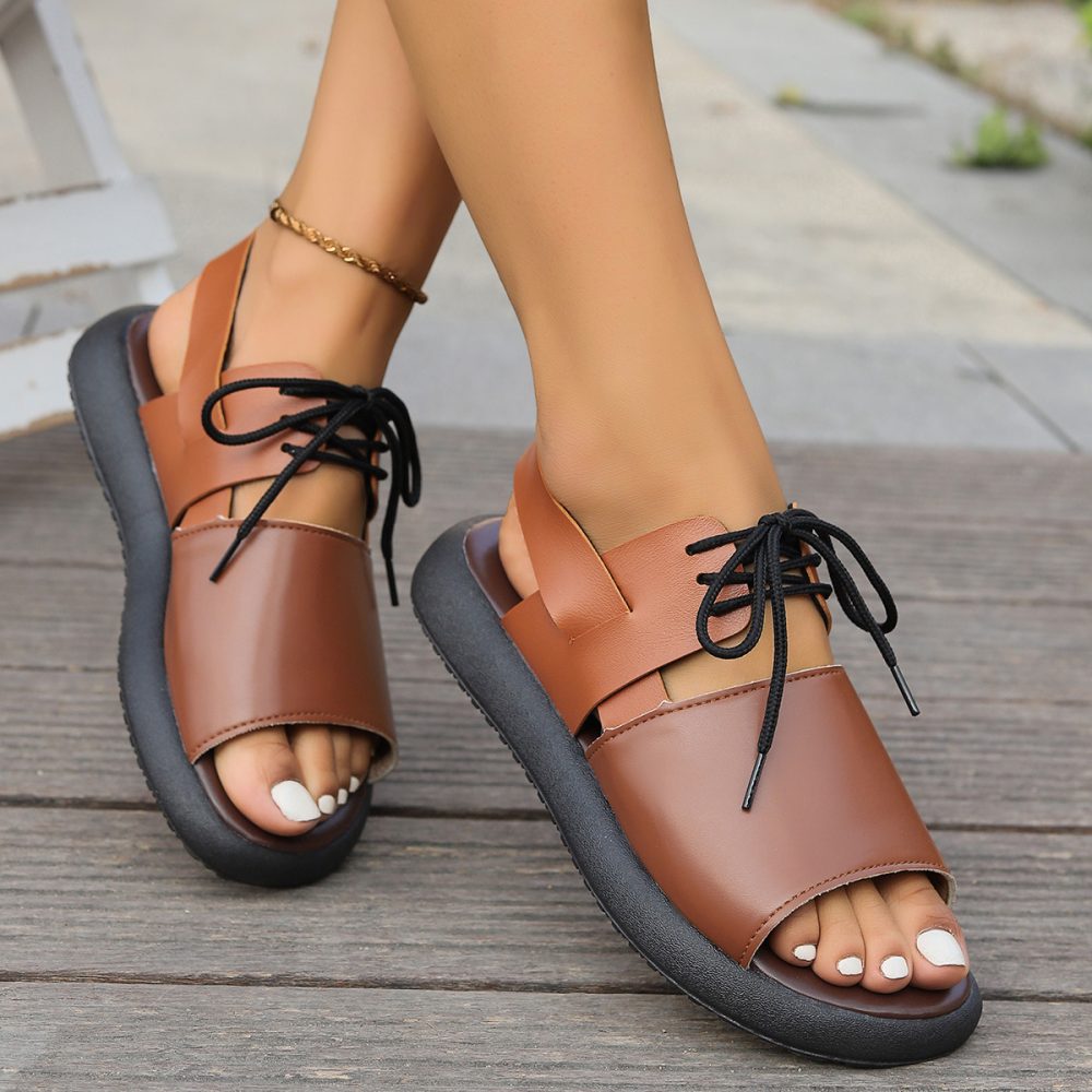 Color-block Lace-up Roman Sandals For Women Summer New Fashion Flat Fish Mouth Beach Shoes - Image 3