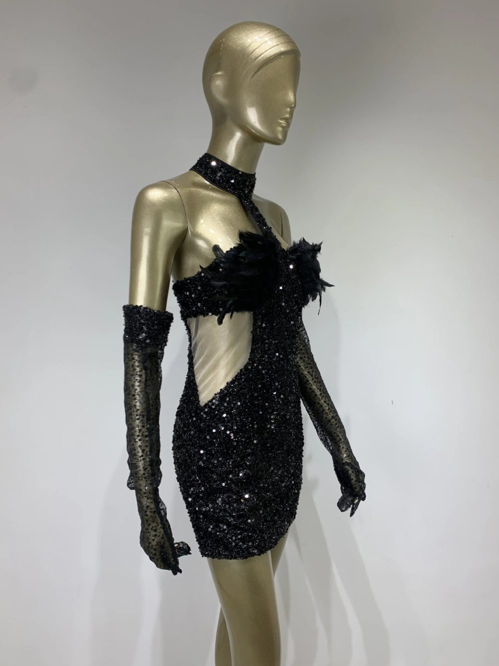 Dress Halter Feather Sequins Short Hip Skirt With Gloves Dress - Image 10