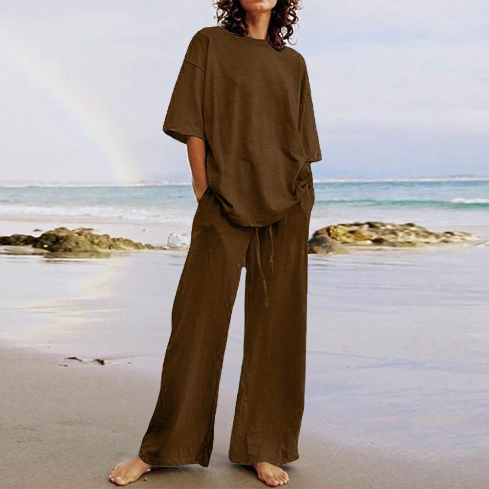 Cotton And Linen Home Solid Color Two-piece Suit - Image 5