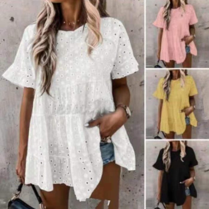 Women's V-neck Lace Cotton And Linen Short-sleeved Shirt