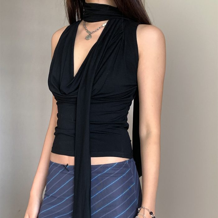 Summer Swing Collar Ribbon Short Halter Spaghetti Straps Sleeveless V-neck Vest