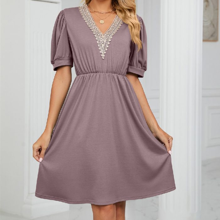 Solid Color Lace V-neck Patchwork Short Sleeve Pocket Waist Dress