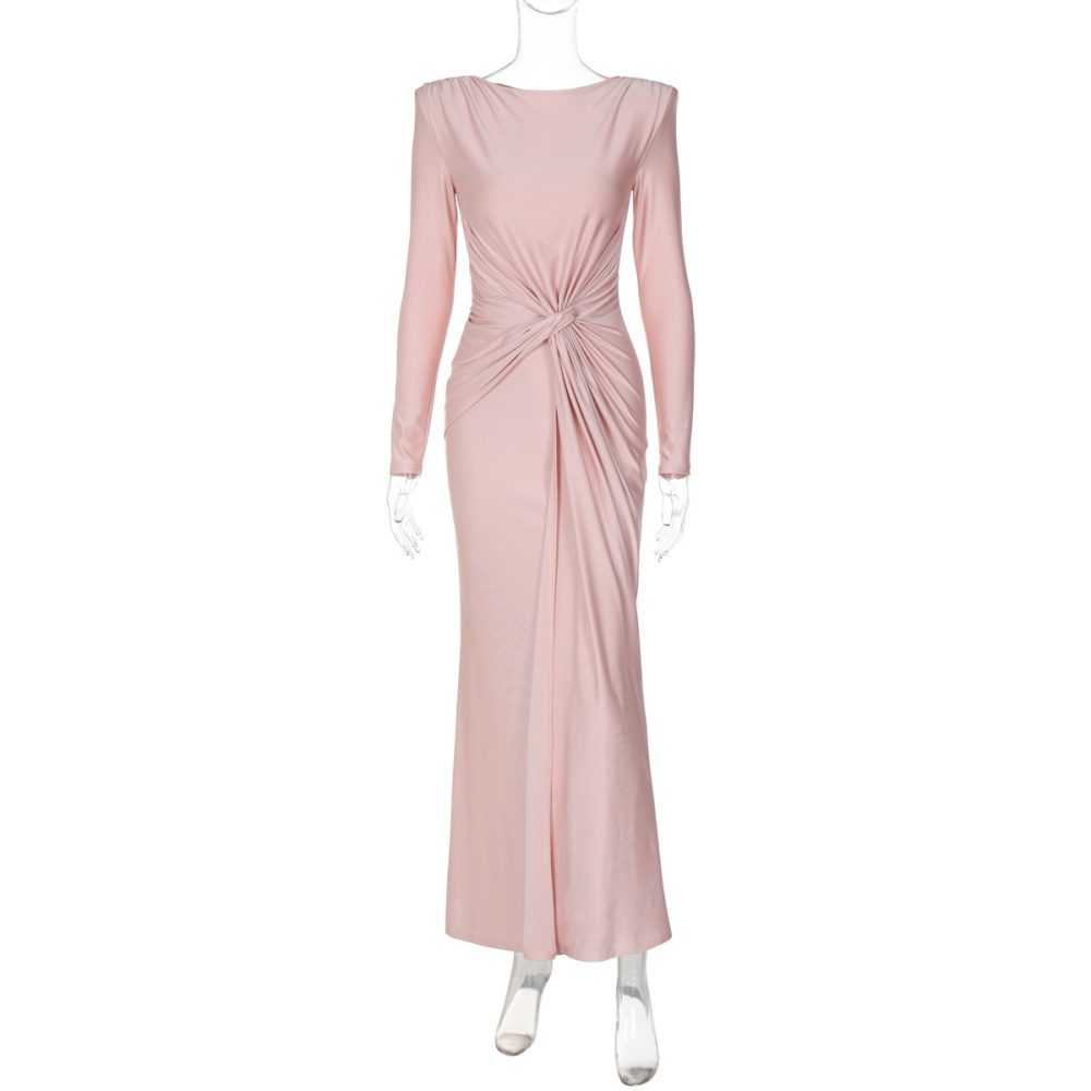 Solid Color Slim Fit Round Neck Long Sleeves Dress - Image 10