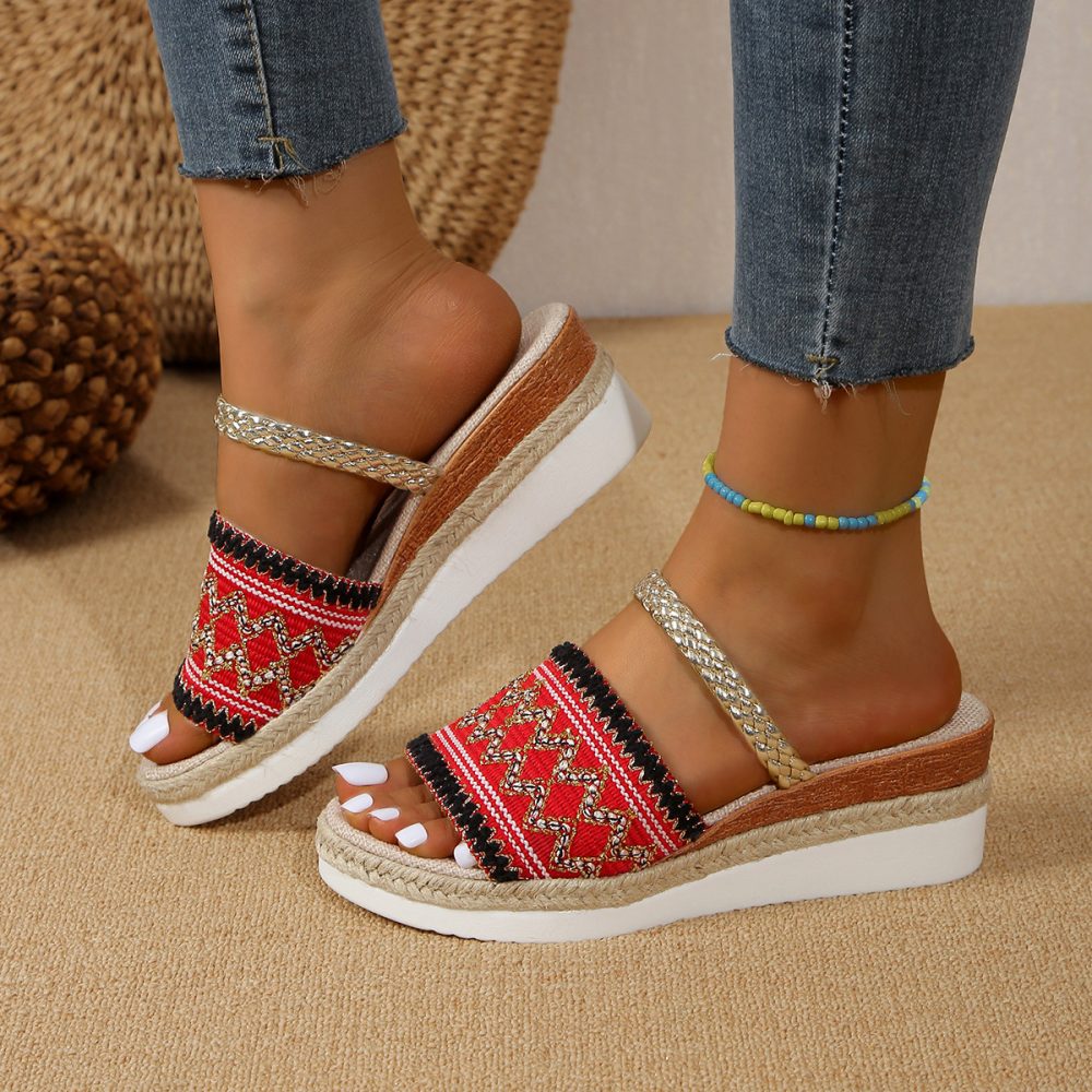 New Color-blocked Wave-patterned Sandals Summer Fashion Wedges Slippers Outdoor Ethnic Style One-line Thick-soled Shoes For Women - Image 4