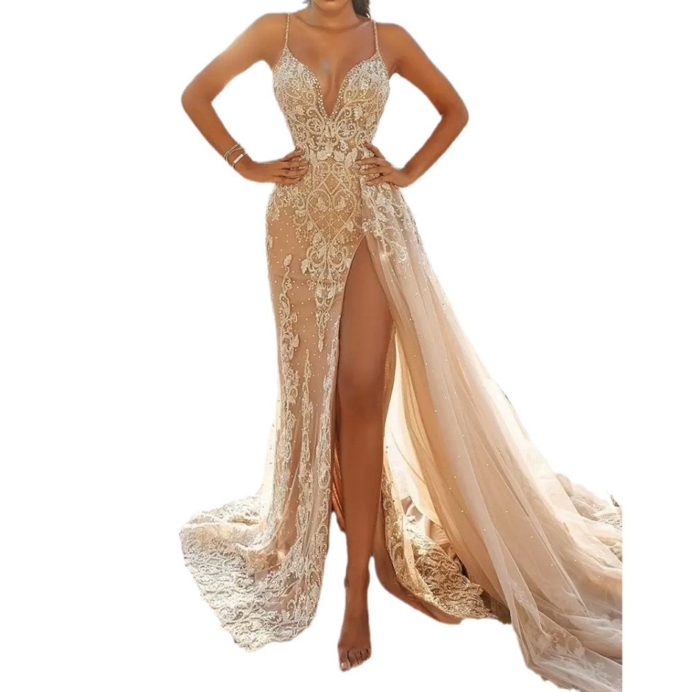 Women's Sling Dress Sleeveless V-neck Slit Lace Hollow Out - Image 5