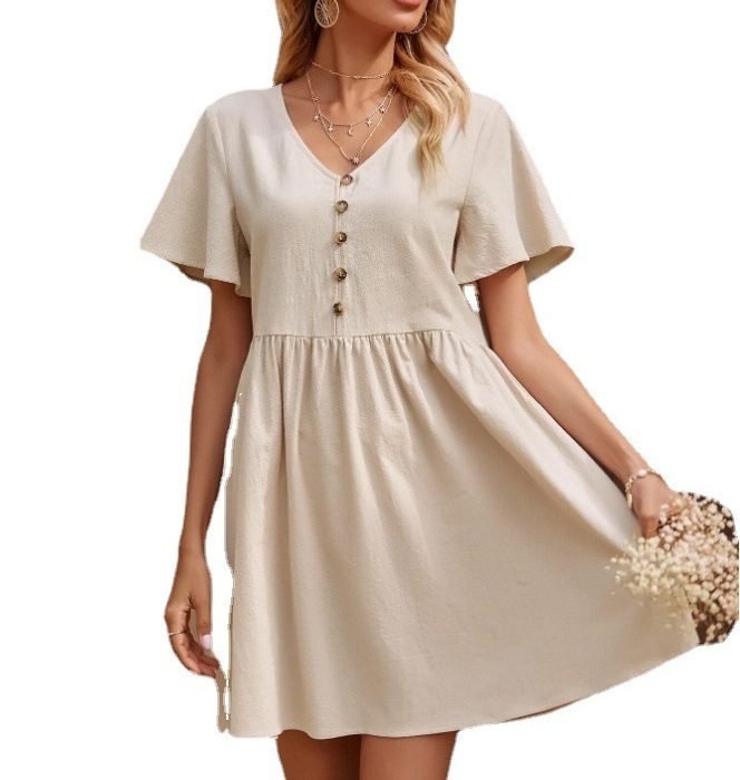 European And American Solid Color Button Front Cotton And Linen Blouse Dress