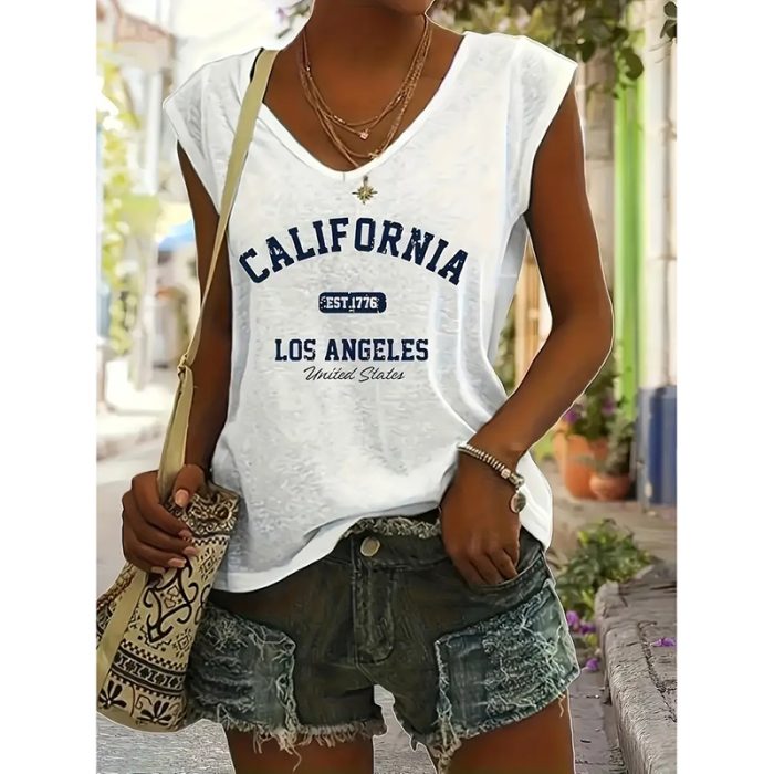 Womens Summer Tops Trendy V Neck Tank Tops Sleeveless Letter Printed Loose Fit