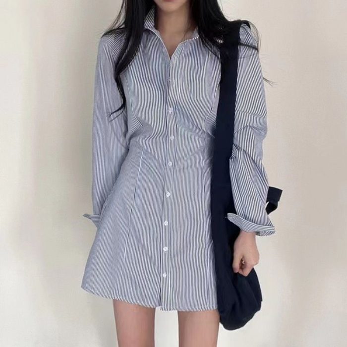 Striped Long-sleeved Shirt Dress Women's Single-breasted Skirt