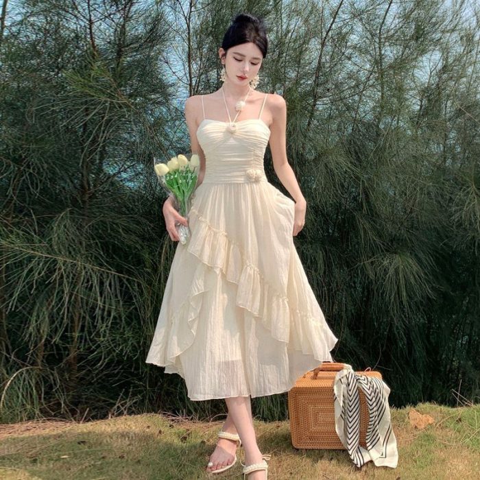 Waist Trimming Spaghetti Straps Dress Women