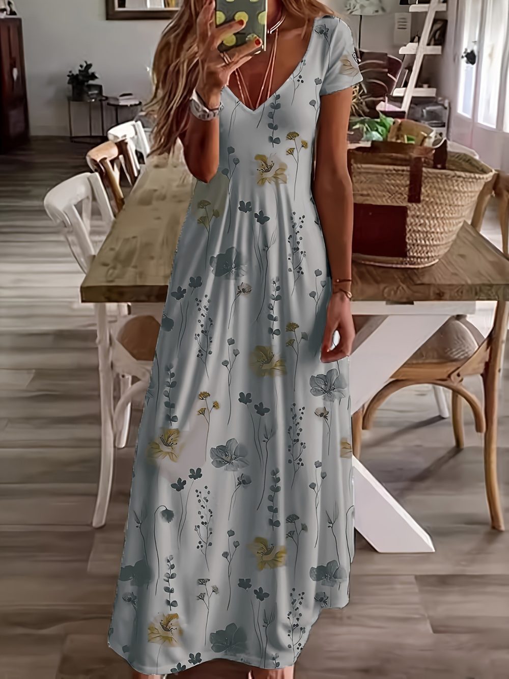 Casual Loose V-neck Printed Long Dress - Image 7