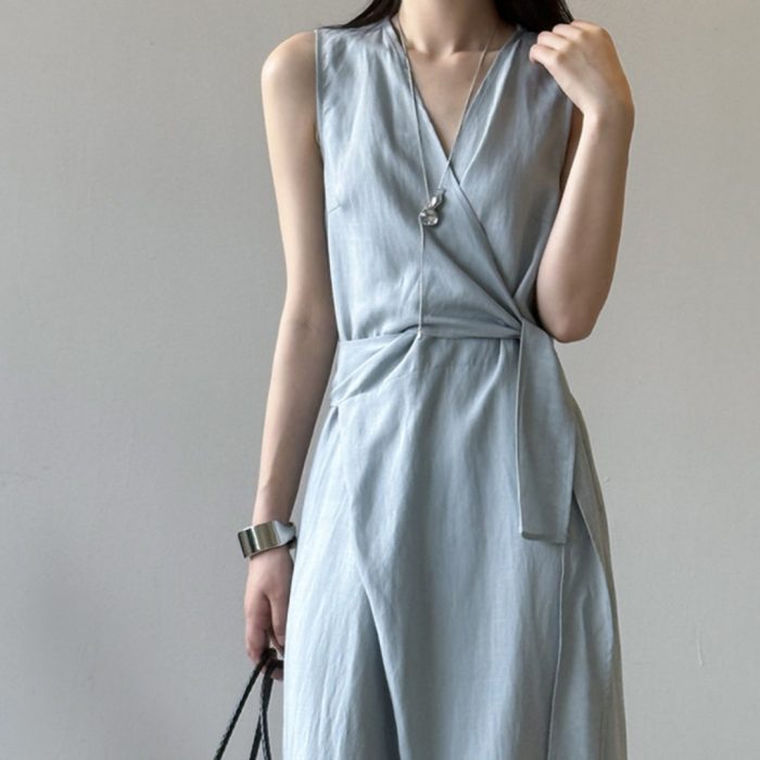 French Tencel Linen Sleeveless Vest V-neck Dress Fashion All-matching