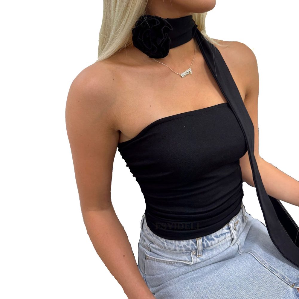 Women's Summer Tight Three-dimensional Flower Ribbon Design Short Tube Top - Image 3