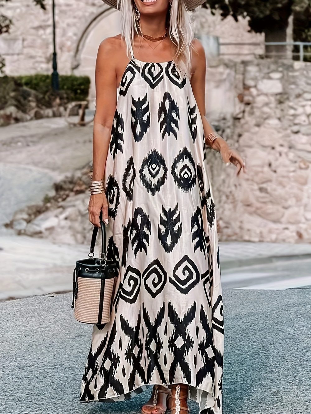 All-match Loose Printed Long Sleeveless Pullover Suspender Skirt - Image 9