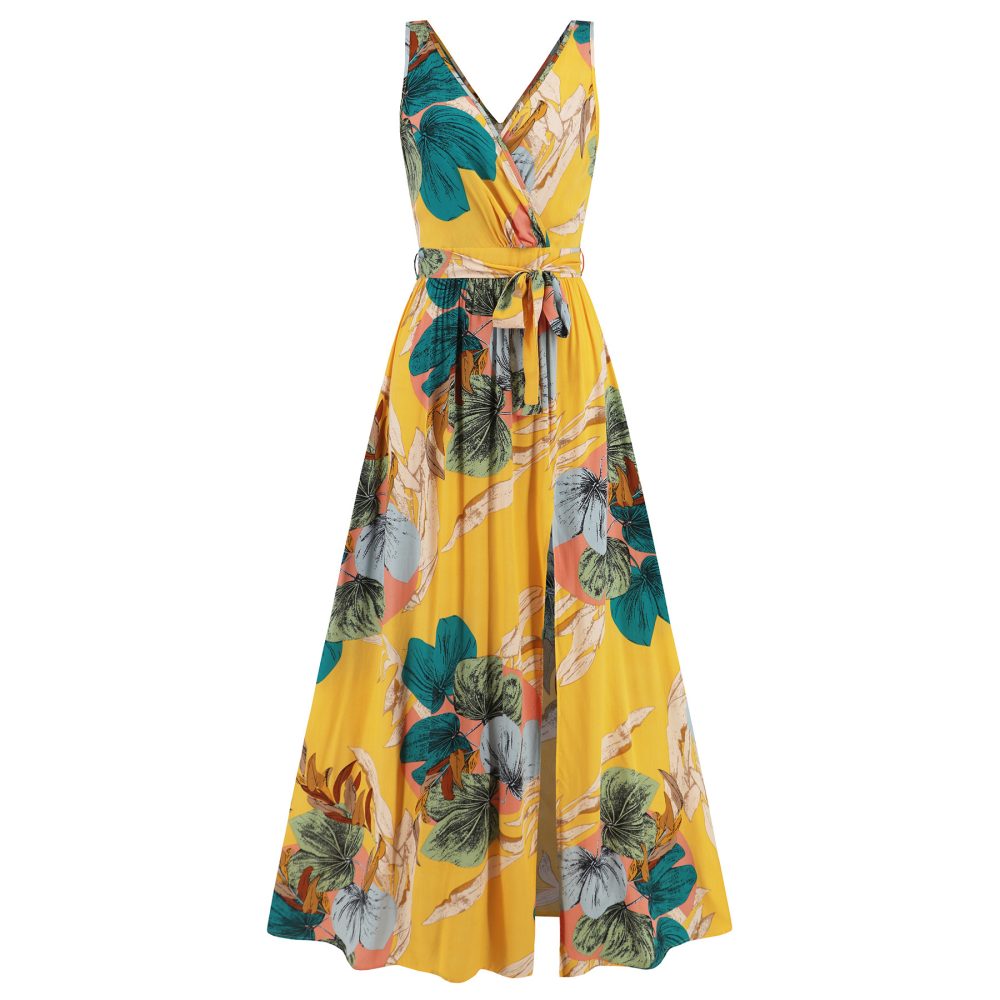 V-neck Floral Print Long Dress Summer Fashion Waist Tie Slit Design Sleeveless Dress For Womens Clothing - Image 10