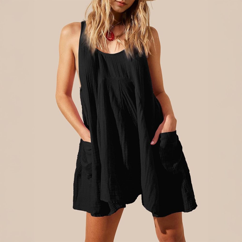 Casual Loose Vacation Style Solid Color Pocket Dress Short Skirt Women's Clothing - Image 6