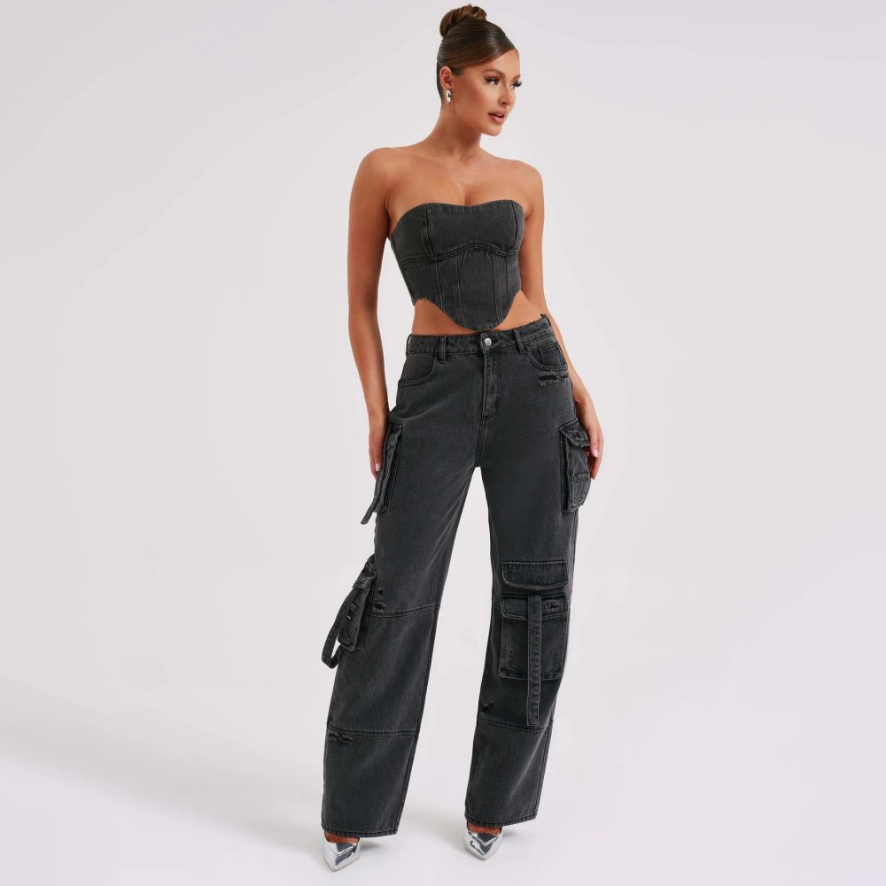 2Pcs Denim Suits Summer Sexy Backless Tube Top And Multi-pocket Straight Trousers Fashion Long Pants Suit Womens Clothing - Image 4
