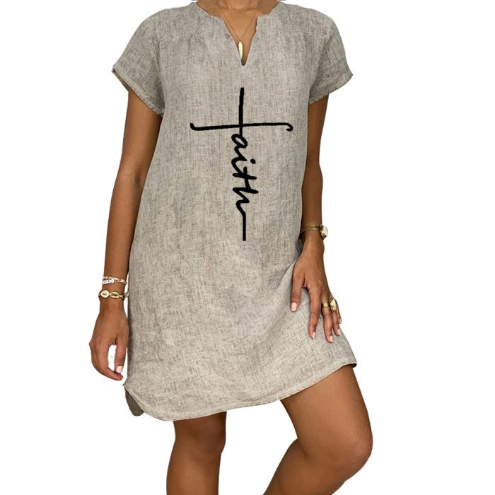 Summer Loose Print Short-sleeved V-neck Cotton And Linen Dress Women's Clothing