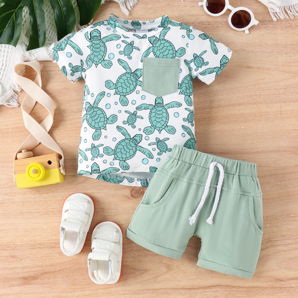 Summer Children's Turtle Shark Print Short Sleeve Suit - Image 2