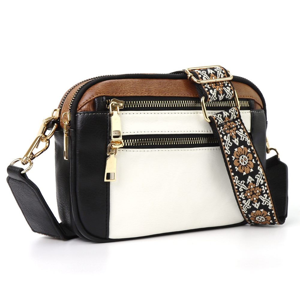 Triple-zipper Shoulder Bag With Floral Embroidered Straps Fashion Colorblock Multi-functional Crossbody Bags For Women - Image 7