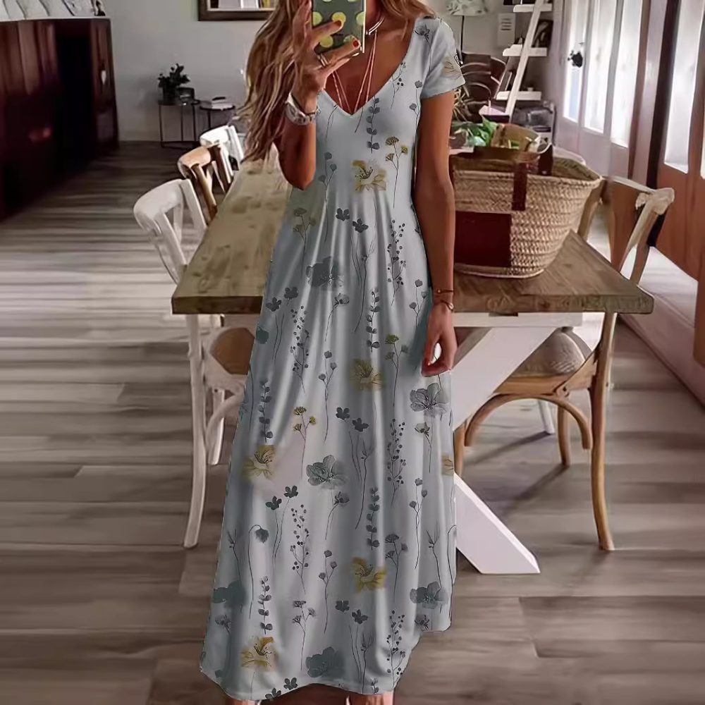 Casual Loose V-neck Printed Long Dress - Image 2