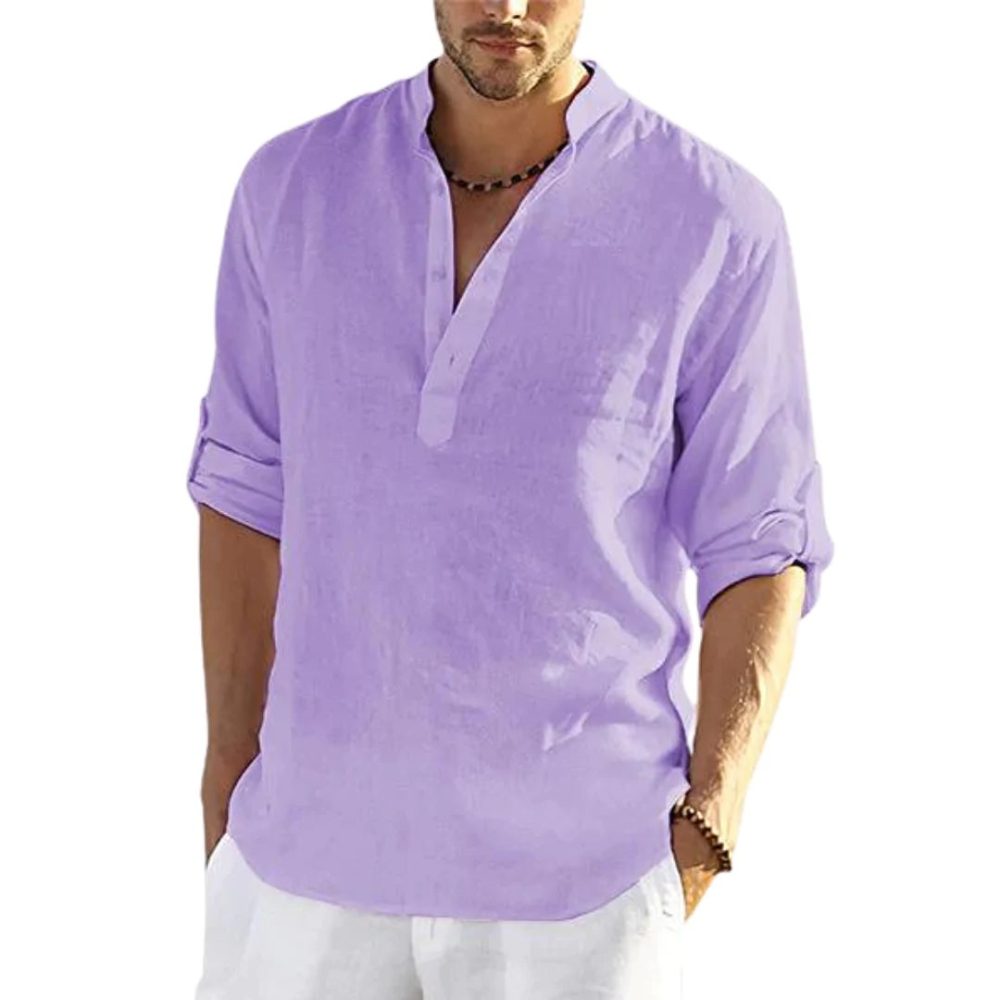 Men's Casual Cotton Linen Solid Color Long Sleeve Shirt Loose Stand Collar - Image 2