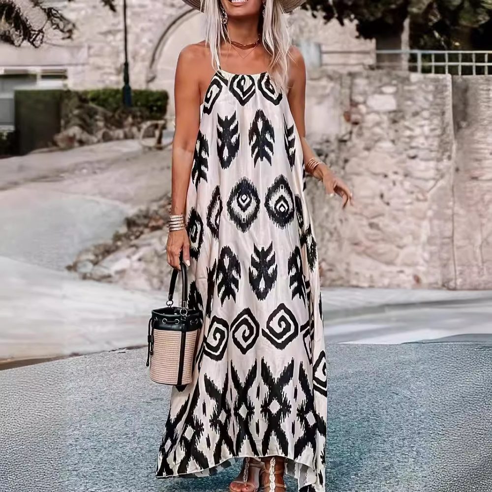 All-match Loose Printed Long Sleeveless Pullover Suspender Skirt - Image 4