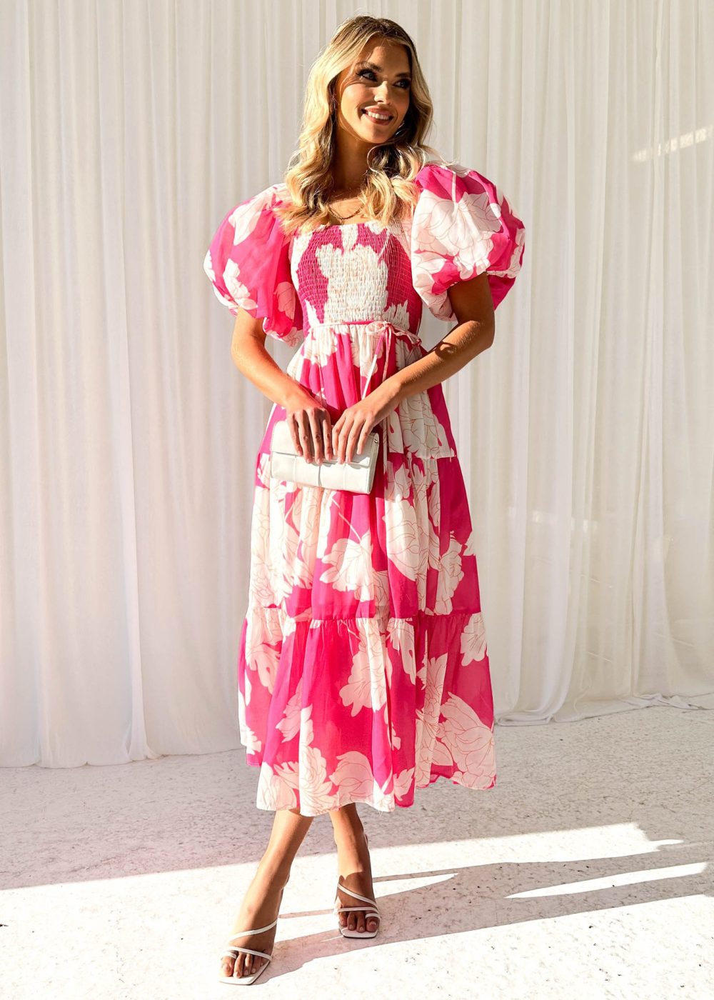 Elegant Floral-print Off-shoulder Puff Sleeve Fashion European And American Style Dress - Image 8