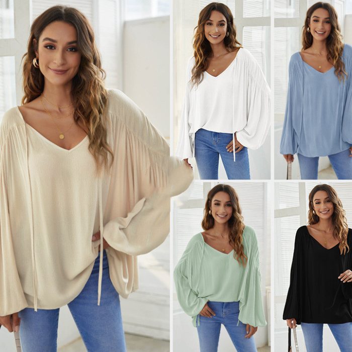 Ladies' V-neck Solid Color Casual Simple T-shirt Top